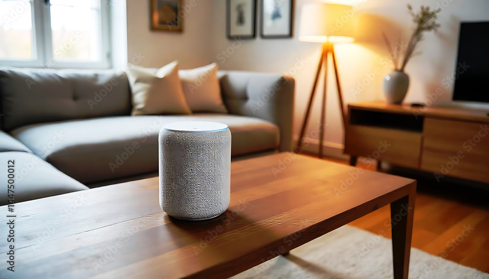 Modern smart speaker on a wooden table in cozy living room with tv and sofa, creating a warm and inviting atmosphere. Modern smart speaker on a wooden table in cozy living room with tv and sofa, creating a warm and inviting atmosphere.