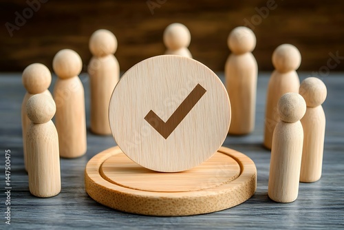 Wooden Peg Dolls Group Meeting Leadership Concept Teamwork Collaboration Wooden Figures on Round Base Fair Trial Justice Symbolic Image Business People Meeting law toys and a tik mark in the midle