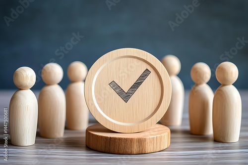Wooden Peg Dolls Group Meeting Leadership Concept Teamwork Collaboration Wooden Figures on Round Base Fair Trial Justice Symbolic Image Business People Meeting law toys and a tik mark in the midle