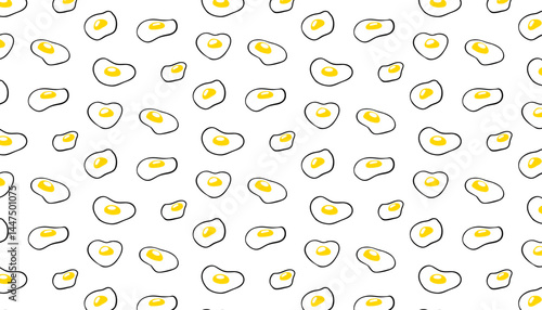 Fried eggs seamless pattern in various shapes. Bright top view texture for cafe menu, flyer, cookbook, wrapping paper, packaging, Egg Day card, and food-themed design projects.