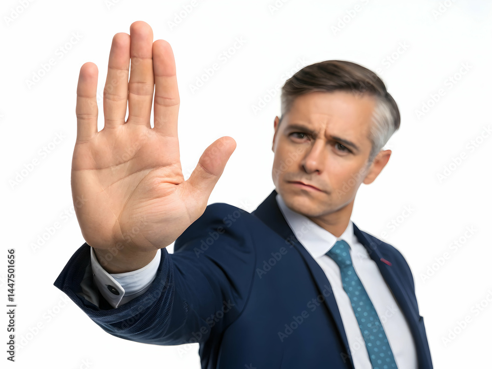 Man in Suit Gesturing Stop with Hand Against White Background Man in Suit Gesturing Stop with Hand Against White Background