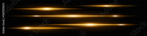 Collection of horizontal yellow neon lens flares isolated on black transparent background. Futuristic abstract light beams, perfect for digital effects, UI, banners. EPS vector illustration.