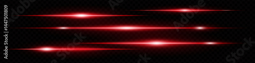 Set of horizontal red neon lens flares isolated on transparent dark background. Abstract futuristic glowing light beams, ideal for UI design, banners, special effects. EPS vector illustration.