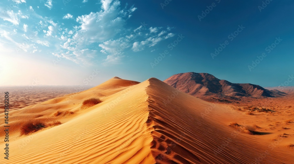 Naklejka premium Stunning desert landscape showing majestic sand dunes and a captivating sky in the vast wilderness.