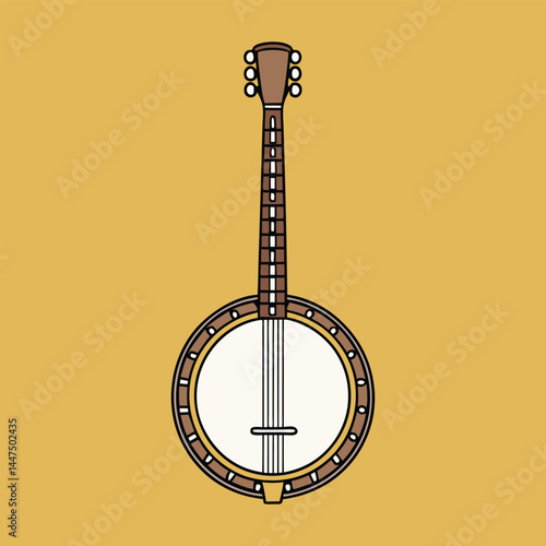 Illustrated banjo musical instrument on yellow background graphic flat vector design