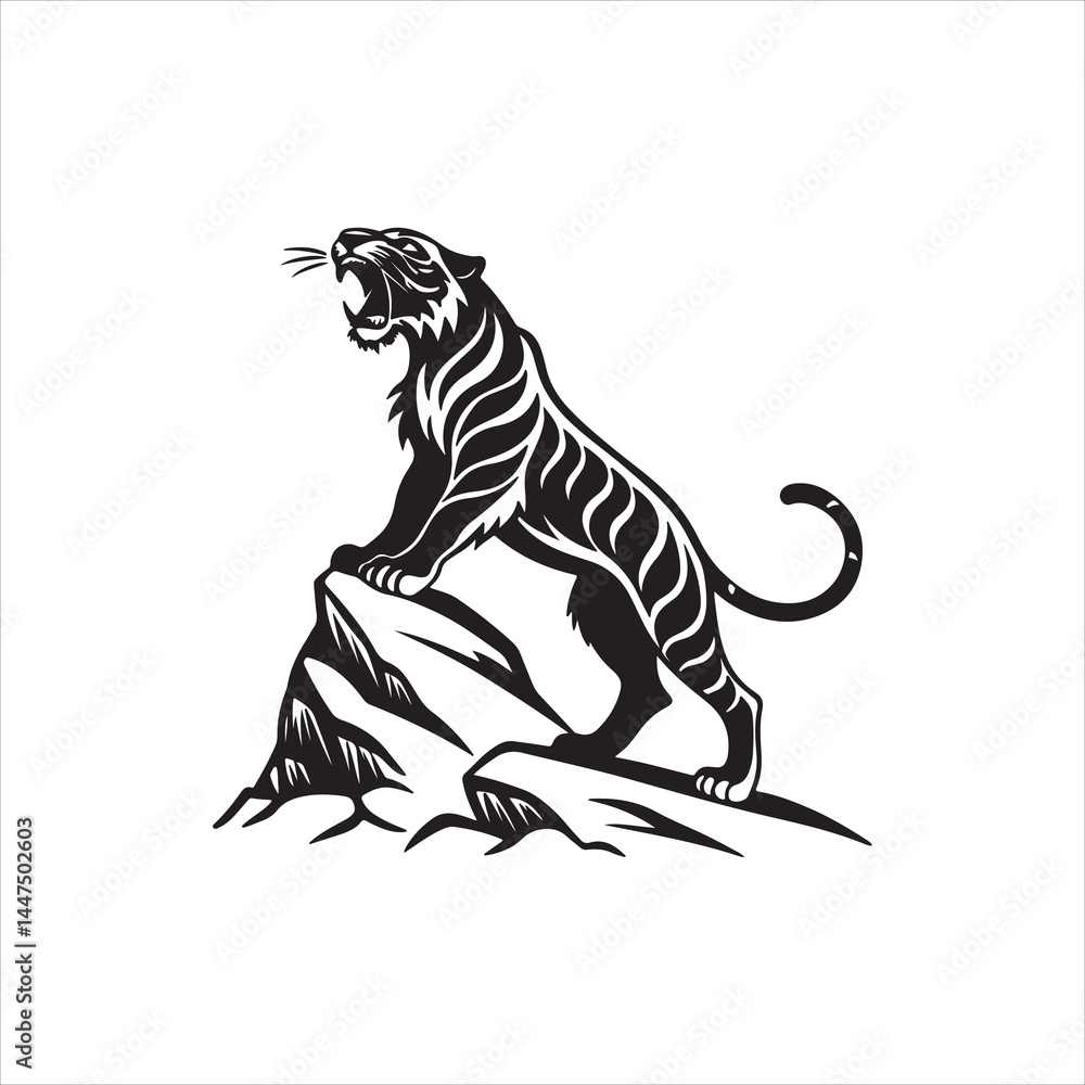 Fototapeta premium Roaring Tiger Silhouette on White Background