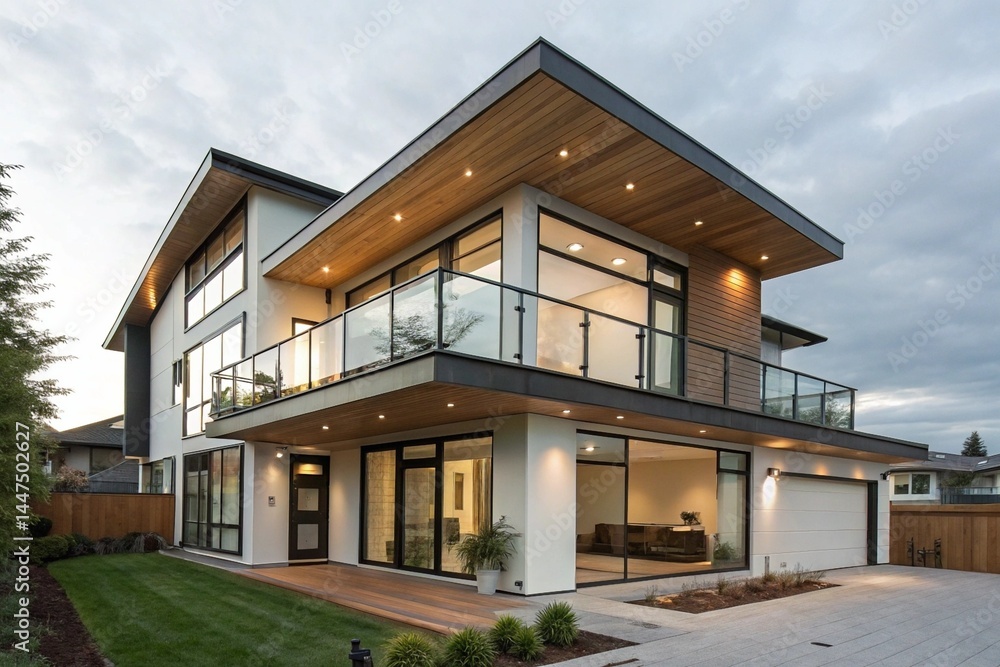 Contemporary two story house with angular roof and balcony Contemporary two story house with angular roof and balcony