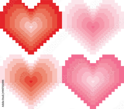 Set pixelated vector illustration featuring four stylized hearts in varying shades of red and pink on a white background. Set vector heart pixel red and pink tone.