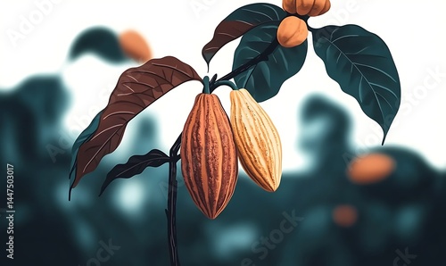 Cacao pods hanging on a branch surrounded by vibrant foliage under a dramatic sunset, highlighting the lushness of the farm landscape. 