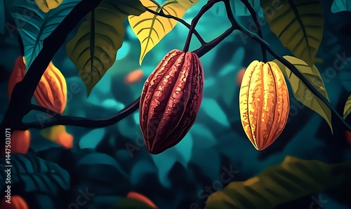 Cacao pods hanging on a branch surrounded by vibrant foliage under a dramatic sunset, highlighting the lushness of the farm landscape. 