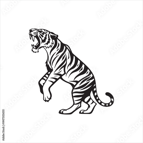 Roaring Tiger Silhouette on White Background
