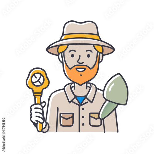 A Friendly Cartoon Archaeologist Holding Tools for Excavation and Discovery