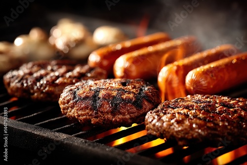 Grilled perfection juicy patties and hot dogs on a fiery grill