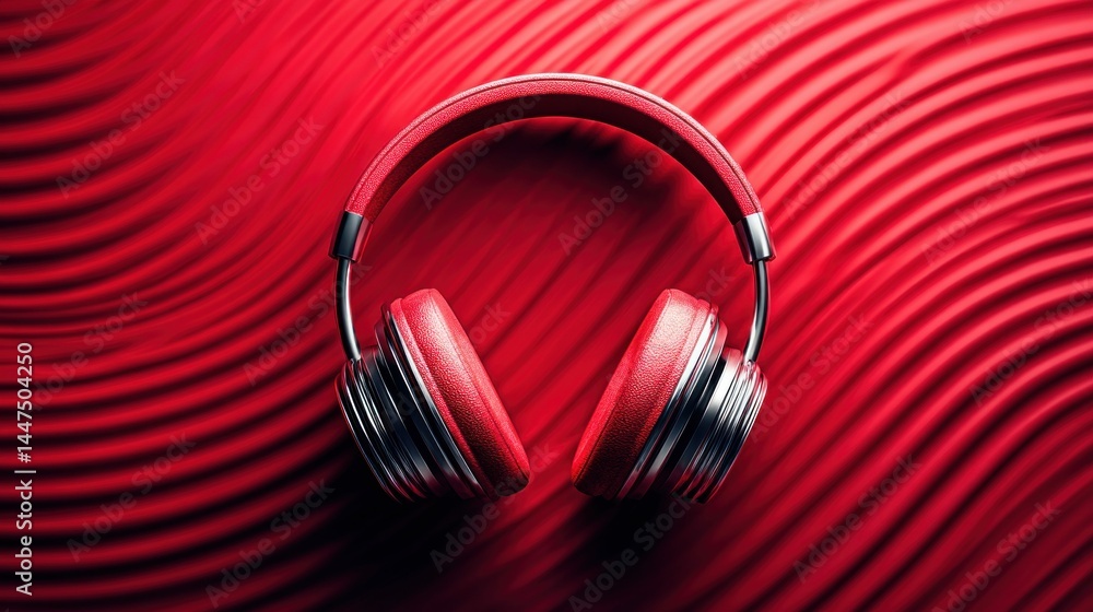 Vibrant red headphones on a wavy background, ideal for listening to music or podcasts. Vibrant red headphones on a wavy background, ideal for listening to music or podcasts.