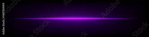 Bright purple horizontal neon lens flare isolated on dark background. Abstract futuristic minimalistic beam, perfect for UI, digital design, sci-fi projects. EPS vector illustration.