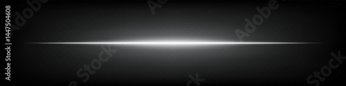 Bright white horizontal neon lens flare isolated on dark background. Abstract futuristic minimalistic beam, perfect for UI, digital design, sci-fi projects. EPS vector illustration.