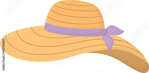 Women's summer hat with lilac ribbon isolated on white background. Illustration of beach head wear