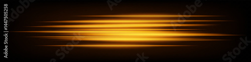 Bright horizontal orange neon speed lines glowing dynamically on dark background. Futuristic abstract beams, ideal for UI design, digital effects, and technology visuals. EPS vector illustration.