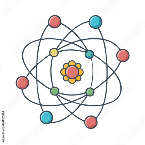 Colorful Atom Model with Central Flower Structure and Orbiting Electrons Illustration