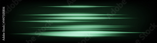 Dynamic horizontal green neon speed lines glowing brightly on a dark background. Abstract futuristic beams perfect for digital designs, technology, and UI elements. EPS vector illustration.