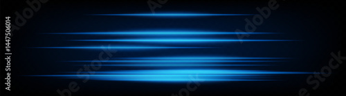 Dynamic horizontal blue neon speed lines glowing brightly on a dark background. Abstract futuristic beams perfect for digital designs, technology, and UI elements. EPS vector illustration.