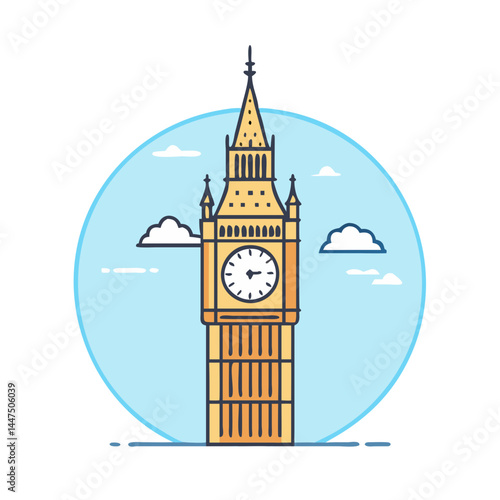 Iconic London Big Ben Clock Tower Illustration Line Art Style