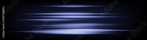 Dynamic horizontal blue neon speed lines glowing brightly on a dark background. Abstract futuristic beams perfect for digital designs, technology, and UI elements. EPS vector illustration.
