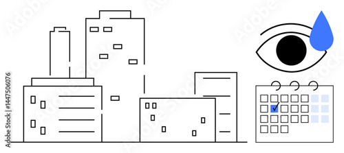 Buildings forming a cityscape, large eye with a tear drop, and calendar showing a marked date. Ideal for planning, environment, productivity, scheduling, urbanization vision awareness. Flat simple