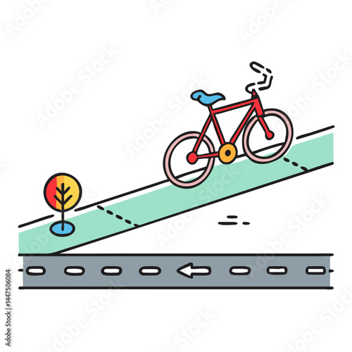 Red Bicycle Ascending Inclined Bike Path with Road Below