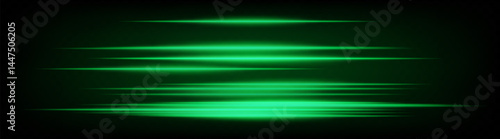 Dynamic horizontal green neon speed lines glowing brightly on a dark background. Abstract futuristic beams perfect for digital designs, technology, and UI elements. EPS vector illustration.