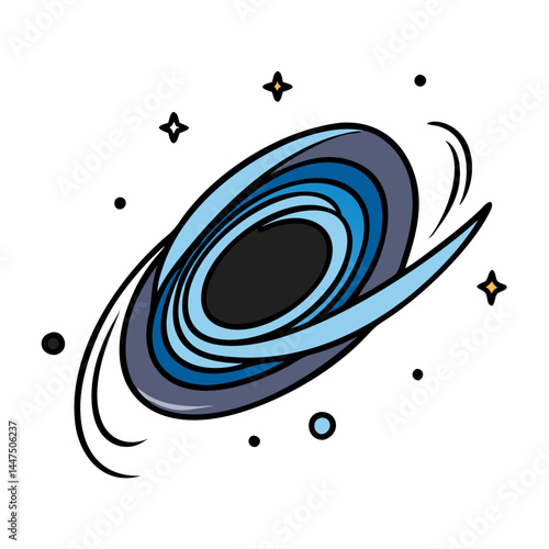 A Whimsical Illustration of a Black Hole in Space with Stars and Swirling Nebula