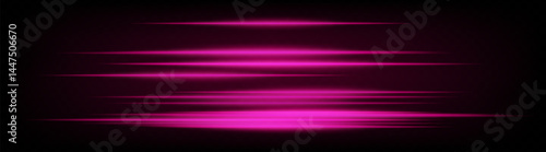 Set of dynamic horizontal pink neon speed lines glowing on dark background. Futuristic beams ideal for technology visuals, UI design, digital banners. EPS vector illustration.