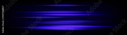 Set of dynamic horizontal blue neon speed lines glowing on dark background. Futuristic beams ideal for technology visuals, UI design, digital banners. EPS vector illustration.