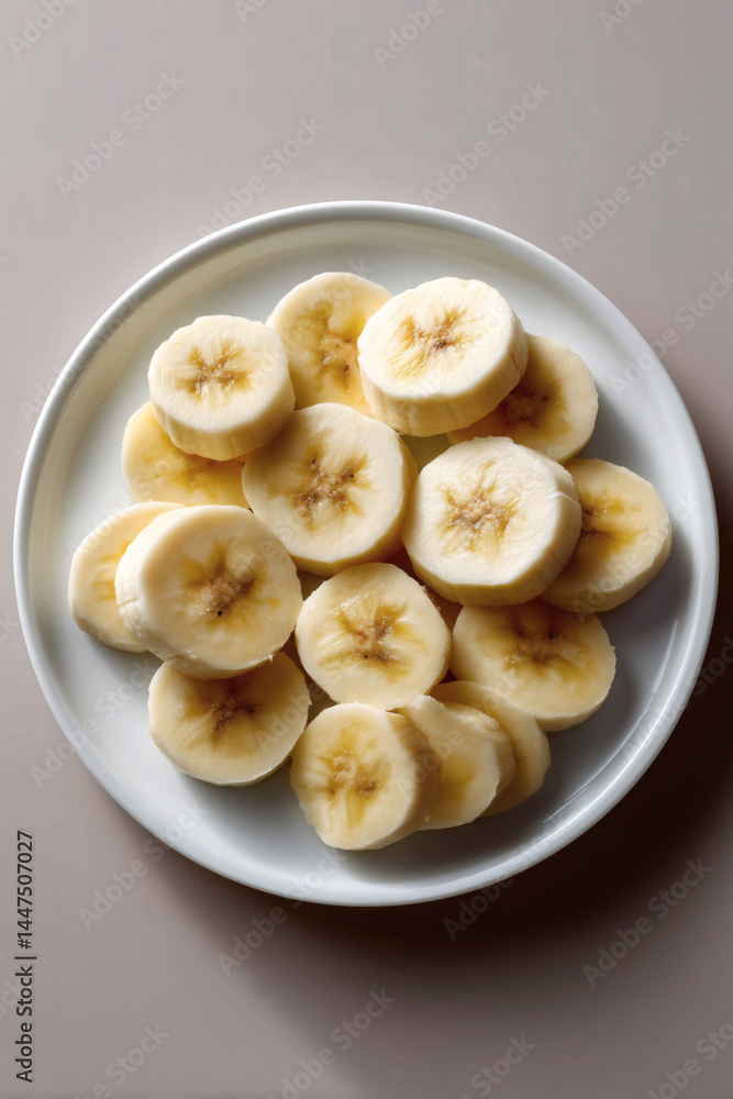 Sliced bananas on a plate, ready to eat as a snack or used as an ingredient in a recipe. Sliced bananas on a plate, ready to eat as a snack or used as an ingredient in a recipe.