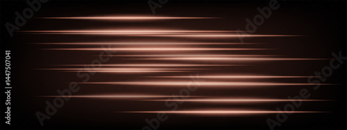 Collection of orange horizontal abstract neon streaks glowing dynamically on dark background. Futuristic speed lines perfect for digital effects, interfaces, tech projects. EPS vector illustration.