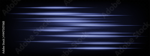 Collection of blue horizontal abstract neon streaks glowing dynamically on dark background. Futuristic speed lines perfect for digital effects, interfaces, tech projects. EPS vector illustration.