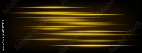 Collection of orange horizontal abstract neon streaks glowing dynamically on dark background. Futuristic speed lines perfect for digital effects, interfaces, tech projects. EPS vector illustration.