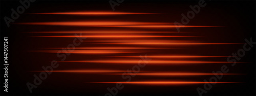 Collection of orange horizontal abstract neon streaks glowing dynamically on dark background. Futuristic speed lines perfect for digital effects, interfaces, tech projects. EPS vector illustration.