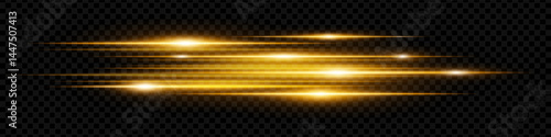 Dynamic horizontal yellow neon speed lines glowing brightly on a dark background. Abstract futuristic beams perfect for digital designs, technology, and UI elements. EPS vector illustration.