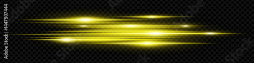 Dynamic horizontal yellow neon speed lines glowing brightly on a dark background. Abstract futuristic beams perfect for digital designs, technology, and UI elements. EPS vector illustration.