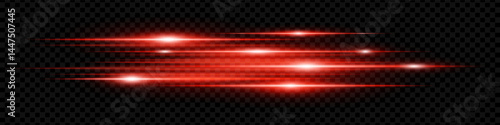 Dynamic horizontal red neon speed lines glowing brightly on a dark background. Abstract futuristic beams perfect for digital designs, technology, and UI elements. EPS vector illustration.
