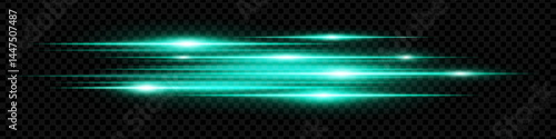 Cyan horizontal neon lens flares isolated on transparent background. Abstract glowing beams ideal for digital effects, futuristic designs, UI. EPS vector illustration.