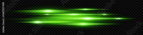 Green horizontal neon lens flares isolated on transparent background. Abstract glowing beams ideal for digital effects, futuristic designs, UI. EPS vector illustration.