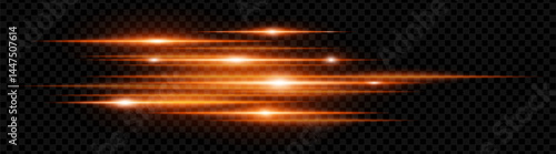 Orange horizontal neon lens flares isolated on transparent background. Abstract glowing beams ideal for digital effects, futuristic designs, UI. EPS vector illustration.