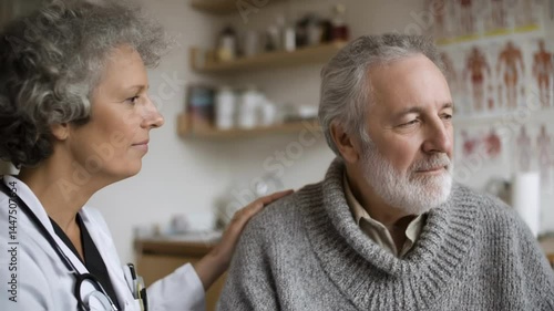 Wallpaper Mural A doctor listens attentively to an elderly patient sitting closely with a reassuring expression in a cozy consultation room filled with medical posters. Torontodigital.ca