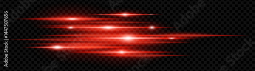 Red horizontal neon lens flares isolated on transparent background. Abstract glowing beams ideal for digital effects, futuristic designs, UI. EPS vector illustration.