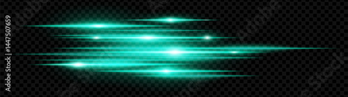 Cyan horizontal neon lens flares isolated on transparent background. Abstract glowing beams ideal for digital effects, futuristic designs, UI. EPS vector illustration.
