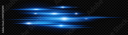 Blue horizontal lens flare neon streaks on transparent background. Futuristic abstract beams ideal for technology interfaces, banners, digital projects. EPS vector illustration.