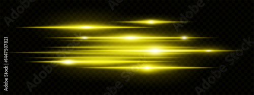 Yellow horizontal lens flare neon streaks on transparent background. Futuristic abstract beams ideal for technology interfaces, banners, digital projects. EPS vector illustration.