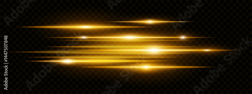 Yellow horizontal lens flare neon streaks on transparent background. Futuristic abstract beams ideal for technology interfaces, banners, digital projects. EPS vector illustration.